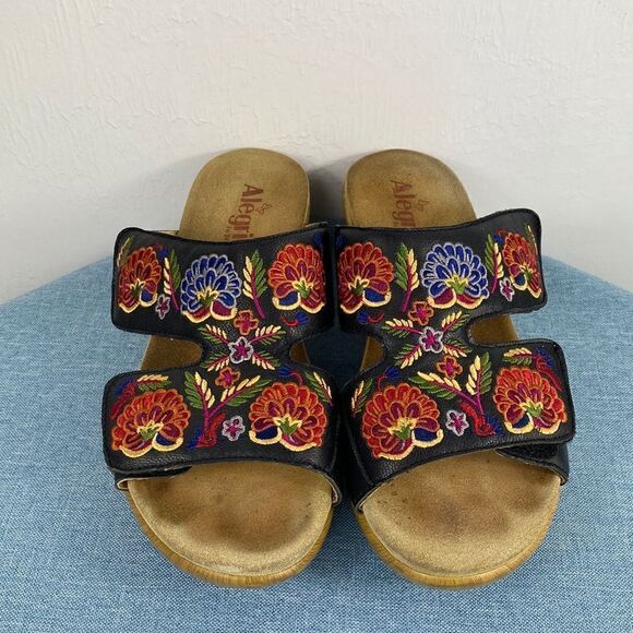 Alegria Linn Black Leather Floral Embroidery Clog Sandals - Picture 1 of 10